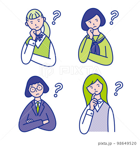 疑問を感じて首をかしげるイメージの女子学生の上半身イラスト素材【セット】 98649520
