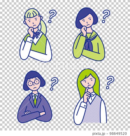 疑問を感じて首をかしげるイメージの女子学生の上半身イラスト素材【セット】 98649520