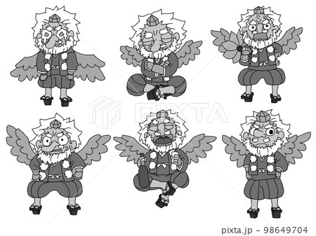 天狗のデフォルメキャラクターの表情六種白黒 天狗のデフォルメキャラクターの表情六種白黒 98649704