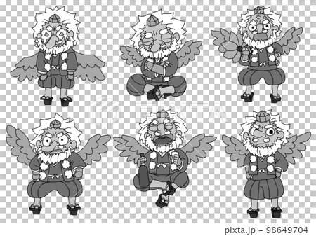 天狗のデフォルメキャラクターの表情六種白黒 天狗のデフォルメキャラクターの表情六種白黒 98649704