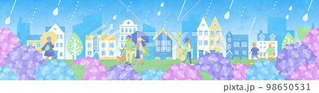 紫陽花と街並みと人々の梅雨のベクターイラスト背景 98650531