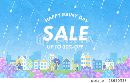 紫陽花と街並みと人々の梅雨のセールバナーデザイン。(ベクターイラスト背景) 98650533