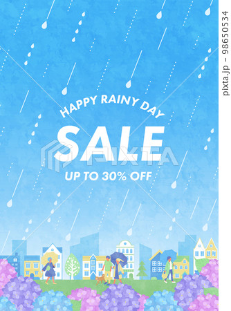 紫陽花と街並みと人々の梅雨のセールバナーデザイン。(ベクターイラスト背景) 紫陽花と街並みと人々の梅雨のセールバナーデザイン。(ベクターイラスト背景) 98650534