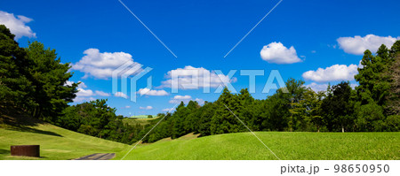 青空のゴルフ場・クラブハウスが見える最終ホール、ミドルコースのパノラマ（千葉県木更津市） 98650950