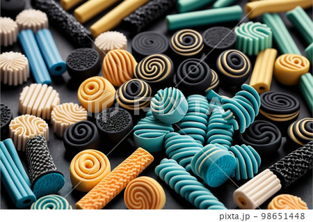 Licorice sweets on a black background created with generative AI technology. High quality illustration Licorice sweets on a black background created with generative AI technology. High quality illustration 98651448