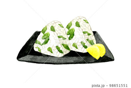 お皿に乗ったわかめごはんのおにぎりとたくあん 和食の手描き水彩イラスト素材 お皿に乗ったわかめごはんのおにぎりとたくあん 和食の手描き水彩イラスト素材 98651551