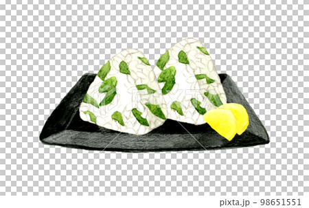 お皿に乗ったわかめごはんのおにぎりとたくあん 和食の手描き水彩イラスト素材 お皿に乗ったわかめごはんのおにぎりとたくあん 和食の手描き水彩イラスト素材 98651551