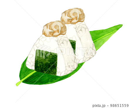 笹の葉に乗ったシーチキンマヨのおにぎり　和食の手描き水彩イラスト素材 98651559