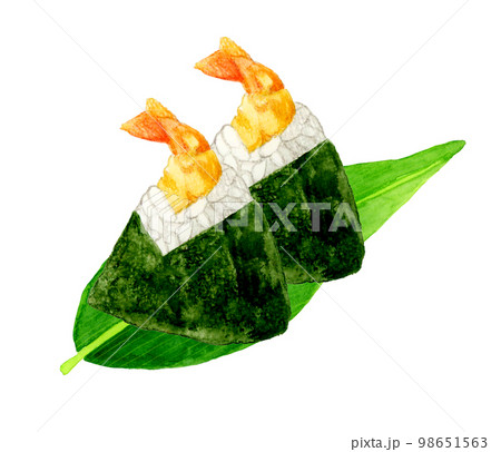 笹の葉に乗った天むす 和食の手描き水彩イラスト素材 笹の葉に乗った天むす 和食の手描き水彩イラスト素材 98651563
