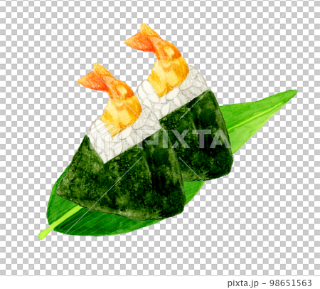 笹の葉に乗った天むす 和食の手描き水彩イラスト素材 笹の葉に乗った天むす 和食の手描き水彩イラスト素材 98651563