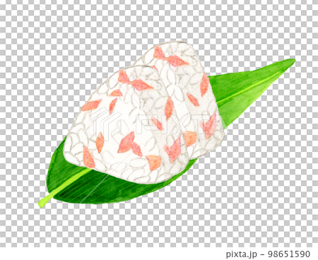 笹の葉に乗った鮭おにぎり　和食の手描き水彩イラスト素材 98651590