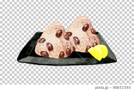 Sekihan okowa rice balls and pickled radish on a plate Japanese hand-painted watercolor illustration material 98651593