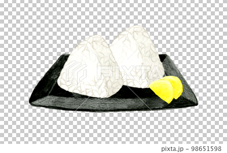 お皿に乗った塩むすびとたくあん　おにぎりの手描き水彩イラスト素材 98651598
