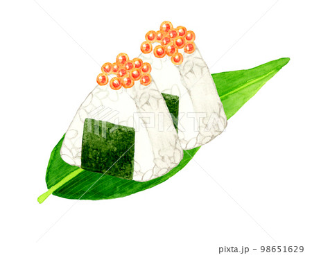 笹の葉に乗ったいくらのおにぎり　和食の手描き水彩イラスト素材 98651629