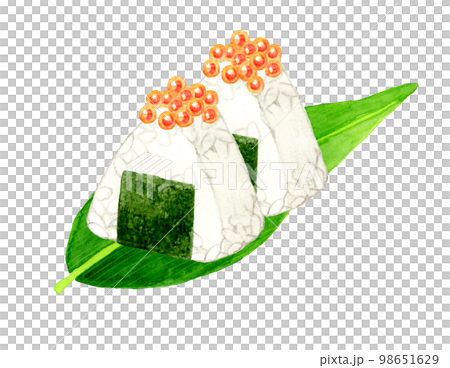 笹の葉に乗ったいくらのおにぎり　和食の手描き水彩イラスト素材 98651629