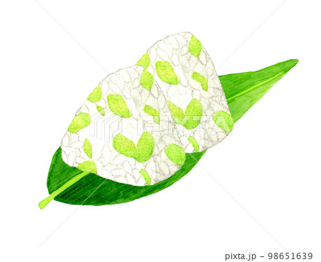 笹の葉に乗った枝豆おにぎり　和食の手描き水彩イラスト素材 98651639