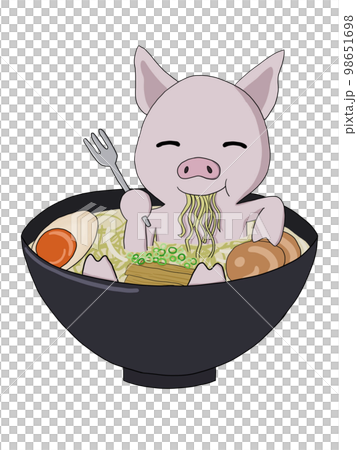 自分自身(豚)で出汁を取ってラーメンを食べる(笑顔4・デフォルメ) 自分自身(豚)で出汁を取ってラーメンを食べる(笑顔4・デフォルメ) 98651698