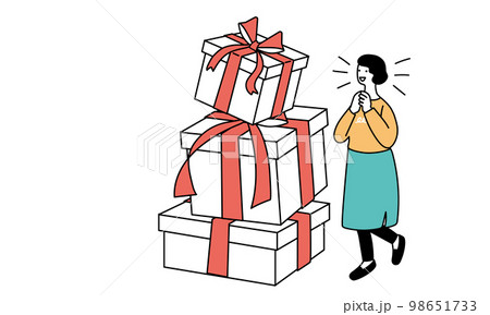 たくさんのプレゼントに喜ぶ女性のイラスト 98651733
