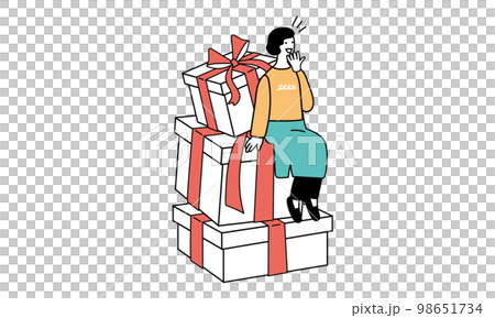一個女人對許多禮物感到驚訝的插圖 98651734