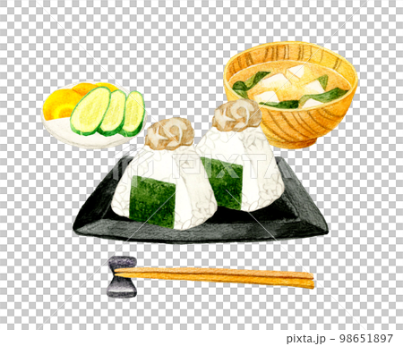 シーチキンマヨのおにぎり・味噌汁・漬け物　日本の朝食セット　和食の手描き水彩イラスト素材 98651897