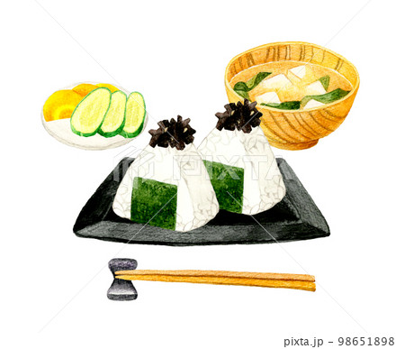 昆布おにぎり・味噌汁・漬け物 日本の朝食セット 和食の手描き水彩イラスト素材 昆布おにぎり・味噌汁・漬け物 日本の朝食セット 和食の手描き水彩イラスト素材 98651898