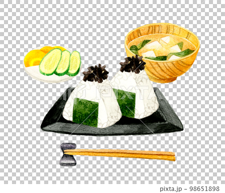 海帶飯糰味增湯鹹菜日式早餐套餐日式手繪水彩插畫 海帶飯糰味增湯鹹菜日式早餐套餐日式手繪水彩插畫 98651898