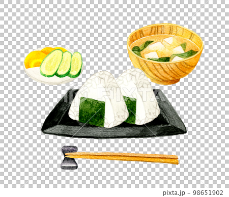 Nori-wrapped rice balls, miso soup, and pickles Japanese breakfast set Japanese hand-painted watercolor illustrations 98651902