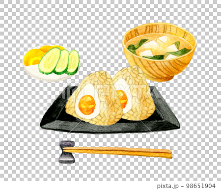 味玉(煮卵)のおにぎり・味噌汁・漬け物 日本の朝食セット 和食の手描き水彩イラスト素材 味玉(煮卵)のおにぎり・味噌汁・漬け物 日本の朝食セット 和食の手描き水彩イラスト素材 98651904
