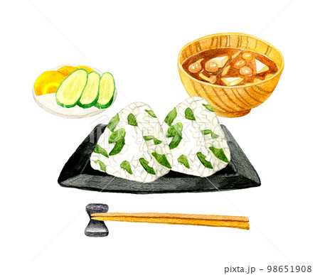 わかめごはんのおにぎり・味噌汁・漬け物　日本の朝食セット　和食の手描き水彩イラスト素材 98651908