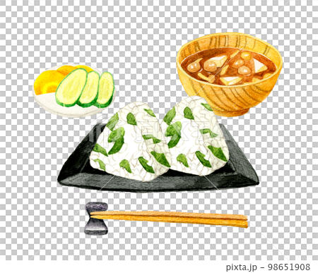わかめごはんのおにぎり・味噌汁・漬け物　日本の朝食セット　和食の手描き水彩イラスト素材 98651908