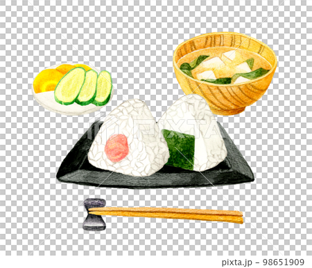 明太子(鱈魚子)飯糰、味噌湯、鹹菜日式早餐套餐日本手繪水彩插畫素材 明太子(鱈魚子)飯糰、味噌湯、鹹菜日式早餐套餐日本手繪水彩插畫素材 98651909