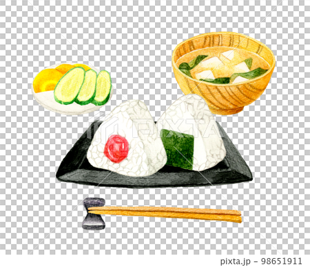 梅おにぎり・味噌汁・漬け物 日本の朝食セット 和食の手描き水彩イラスト素材 梅おにぎり・味噌汁・漬け物 日本の朝食セット 和食の手描き水彩イラスト素材 98651911