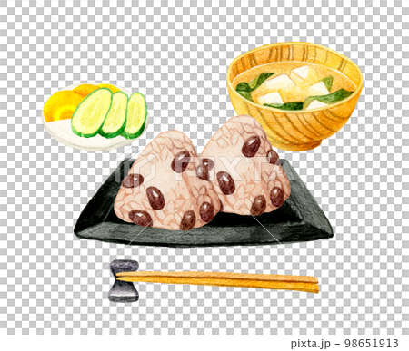 赤坂大和飯糰、味噌湯、鹹菜日式早餐套餐日式手繪水彩插畫 98651913