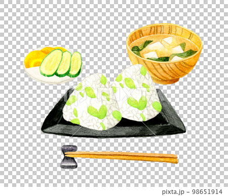 毛豆飯糰、味噌湯、鹹菜日式早餐套餐日本手繪水彩插畫素材 98651914