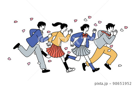 桜の花びらの中を走る学生服のこどもたちのイラスト 98651952