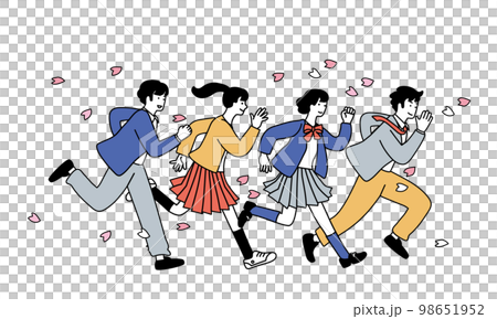 桜の花びらの中を走る学生服のこどもたちのイラスト 98651952