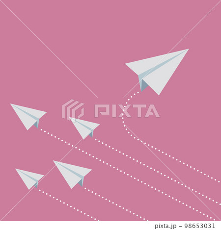 同じ方向に飛んでいる紙飛行機の群れから飛び出した個性豊かな紙飛行機のベクターイラスト 98653031