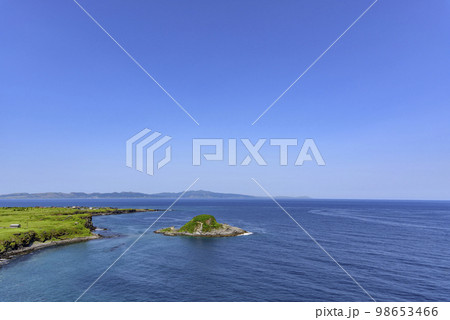 利尻島、鴛泊(おしどまり)の山と町と港 利尻島、鴛泊(おしどまり)の山と町と港 98653466