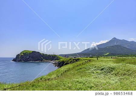 利尻島、鴛泊(おしどまり)の山と町と港 98653468