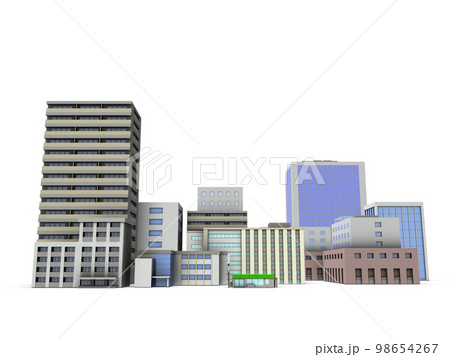密集して林立する都会のビル群のミニチュア。高層マンションや高層ビル。病院や役場の建物の外観。 98654267