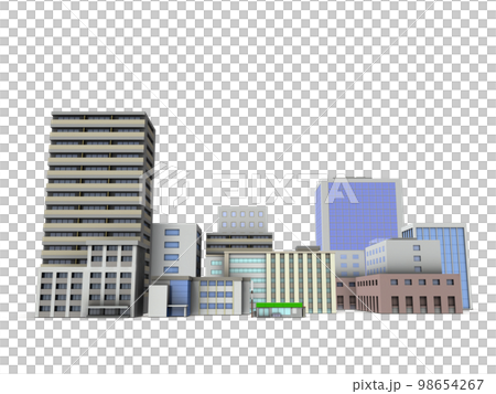 密集して林立する都会のビル群のミニチュア。高層マンションや高層ビル。病院や役場の建物の外観。 98654267