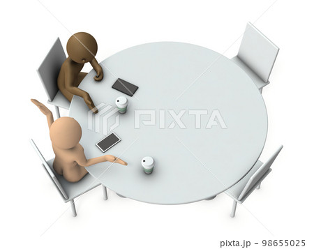 円卓に集い、打ち解ける二人のビジネスマン。コーヒーブレイクで、雑談を交わす。 98655025