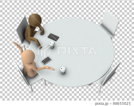 円卓に集い、打ち解ける二人のビジネスマン。コーヒーブレイクで、雑談を交わす。 98655025