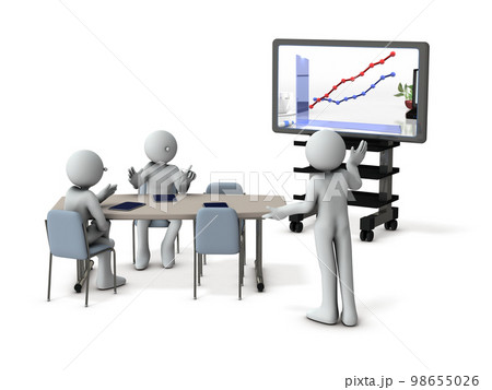大型ディスプレイのデータを見ながら打ち合わせする三人のビジネスマン達。 98655026