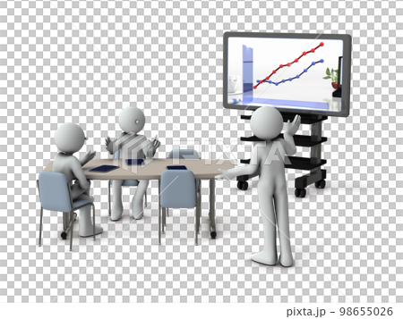 大型ディスプレイのデータを見ながら打ち合わせする三人のビジネスマン達。 98655026