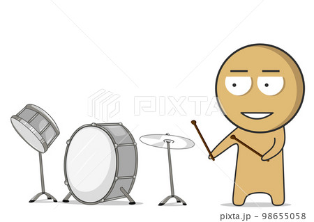 A boy with drumsticks stands next to the drums and smiles  98655058