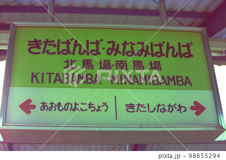 京急・北馬場南馬場駅の駅名標、現新馬場駅の下り線ホーム、1976年9月23日、高架化工事中の暫定駅名 98655294