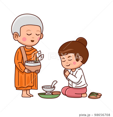 Cartoon Thai monk receives food donated by a woman, Vector 98656708