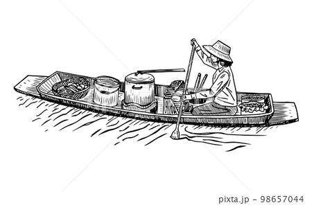 Hand Drawn Boat Noodles Vendor in Floating Market Thailand Hand Drawn Boat Noodles Vendor in Floating Market Thailand 98657044