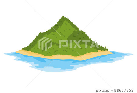 Tropical island with green trees in ocean. Uninhabited isle with beach surrounded with sea water. Empty land and no people. Exotic natural landscape for vacation or summer weekend holiday 98657555